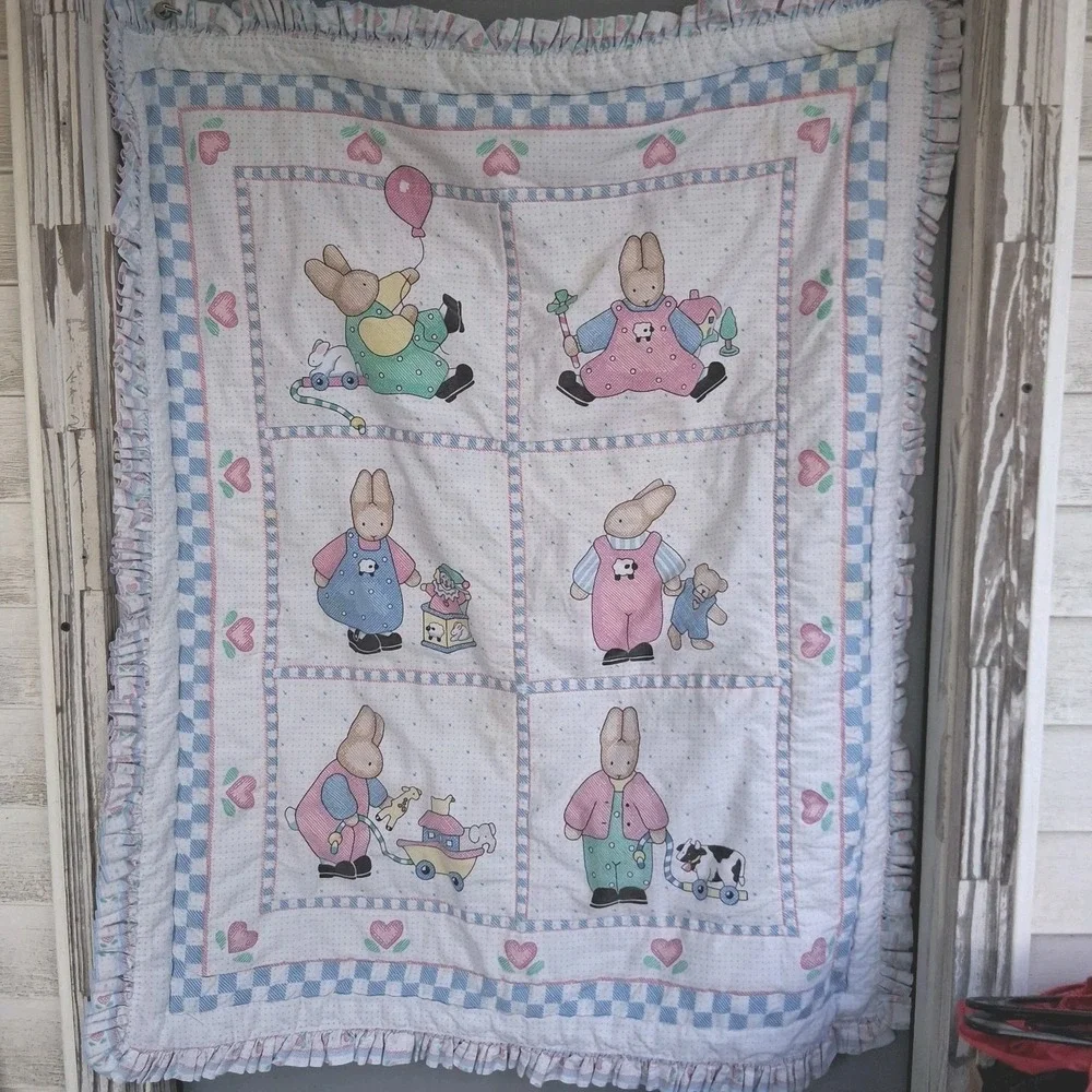 Vintage 90s Y2k Daisy Kingdom Baby Blanket Quilt Bunnies Cottagecore Pastel‎